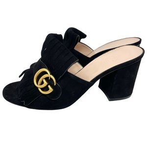 Gucci Marmont Black Suede Kiltie Fringe Heeled Mules